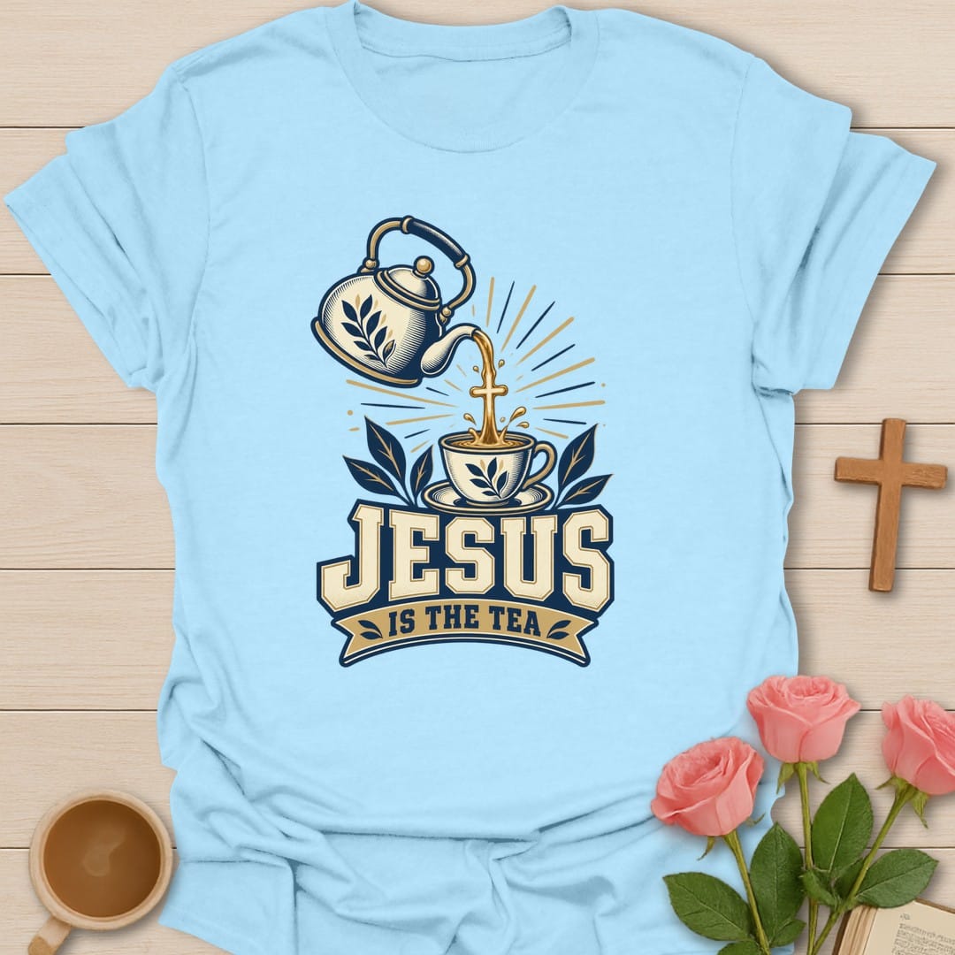 Steeped Faith t-shirt with tea steeping lettering and faith-inspired design - Light Blue