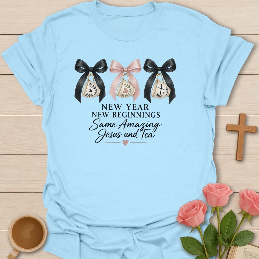 Amazing New Year t-shirt with celebratory lettering and faith-inspired design - Light Blue
