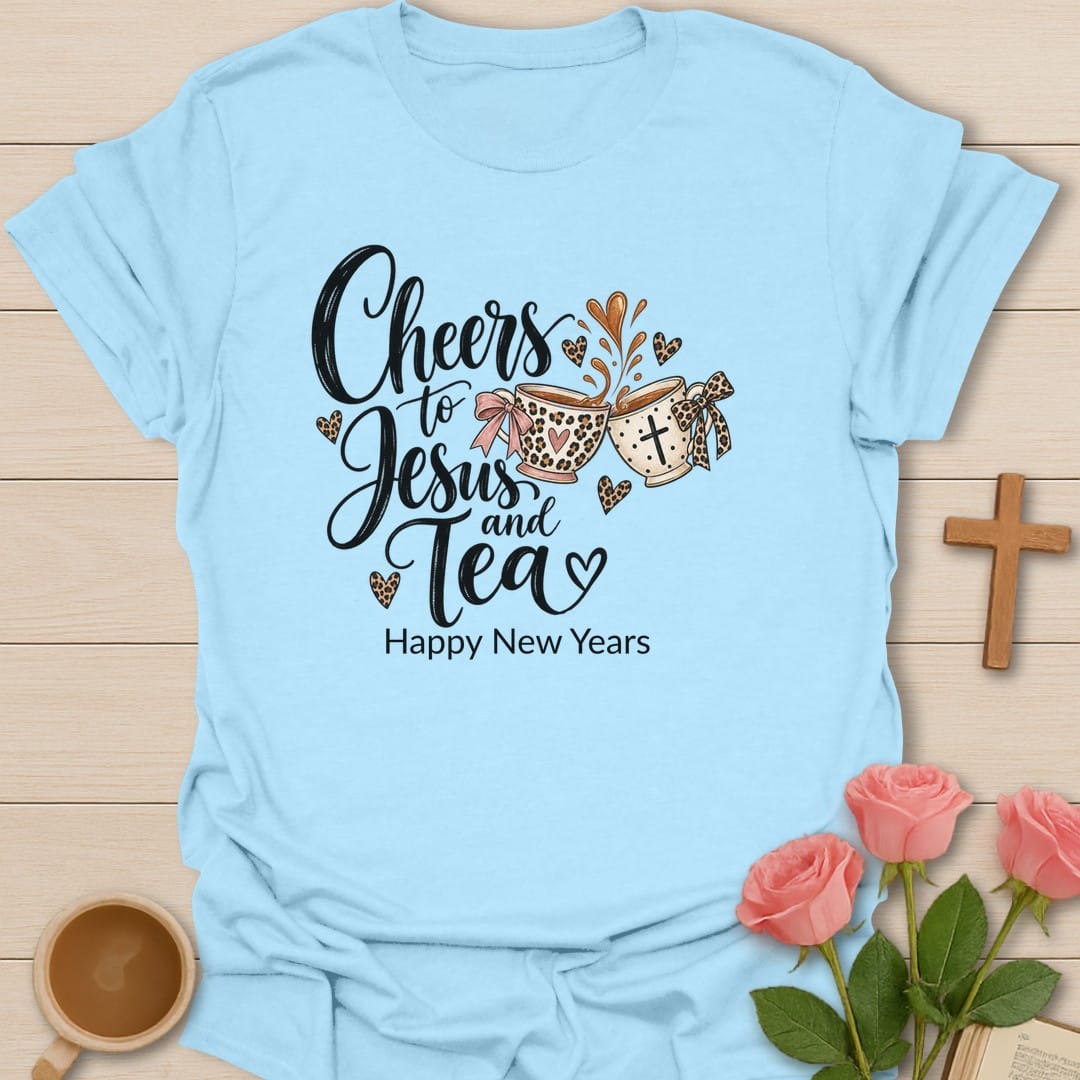 Leopard Faith Cups t-shirt with leopard print tea cup artwork and faith-inspired design - Light Blue
