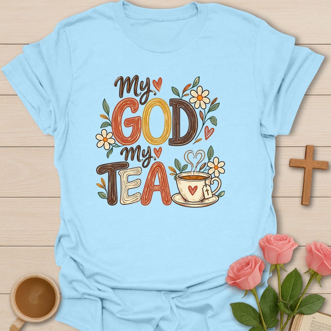 Spiritual Brew t-shirt with tea brewing lettering and faith-inspired design - Light Blue