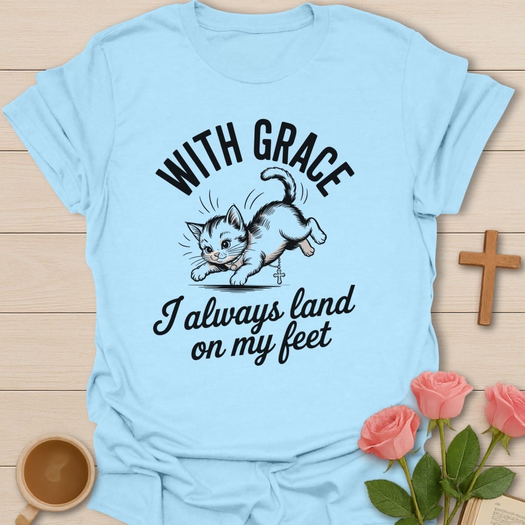With Grace t-shirt with elegant lettering and grace-themed faith design - Light Blue