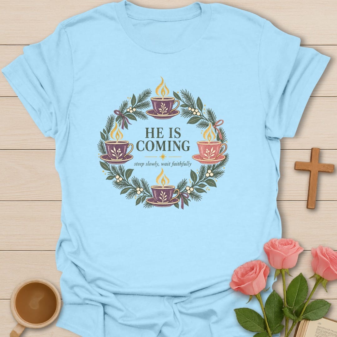 Tea Advent Wreath t-shirt with Advent wreath and tea artwork and faith-inspired design - Light Blue
