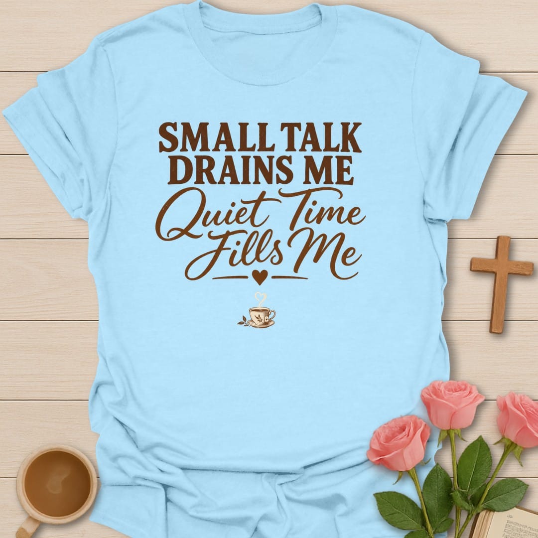 Introvert's Sanctuary t-shirt with cozy lettering and quiet tea-and-faith design - Light Blue