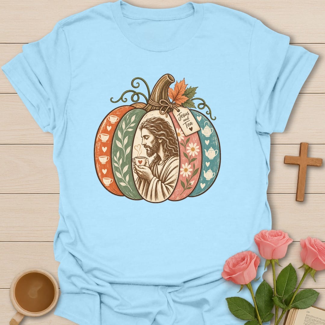 Jesus Tea Pumpkin t-shirt with cozy fall pumpkin and tea artwork and faith-inspired design - Light Blue