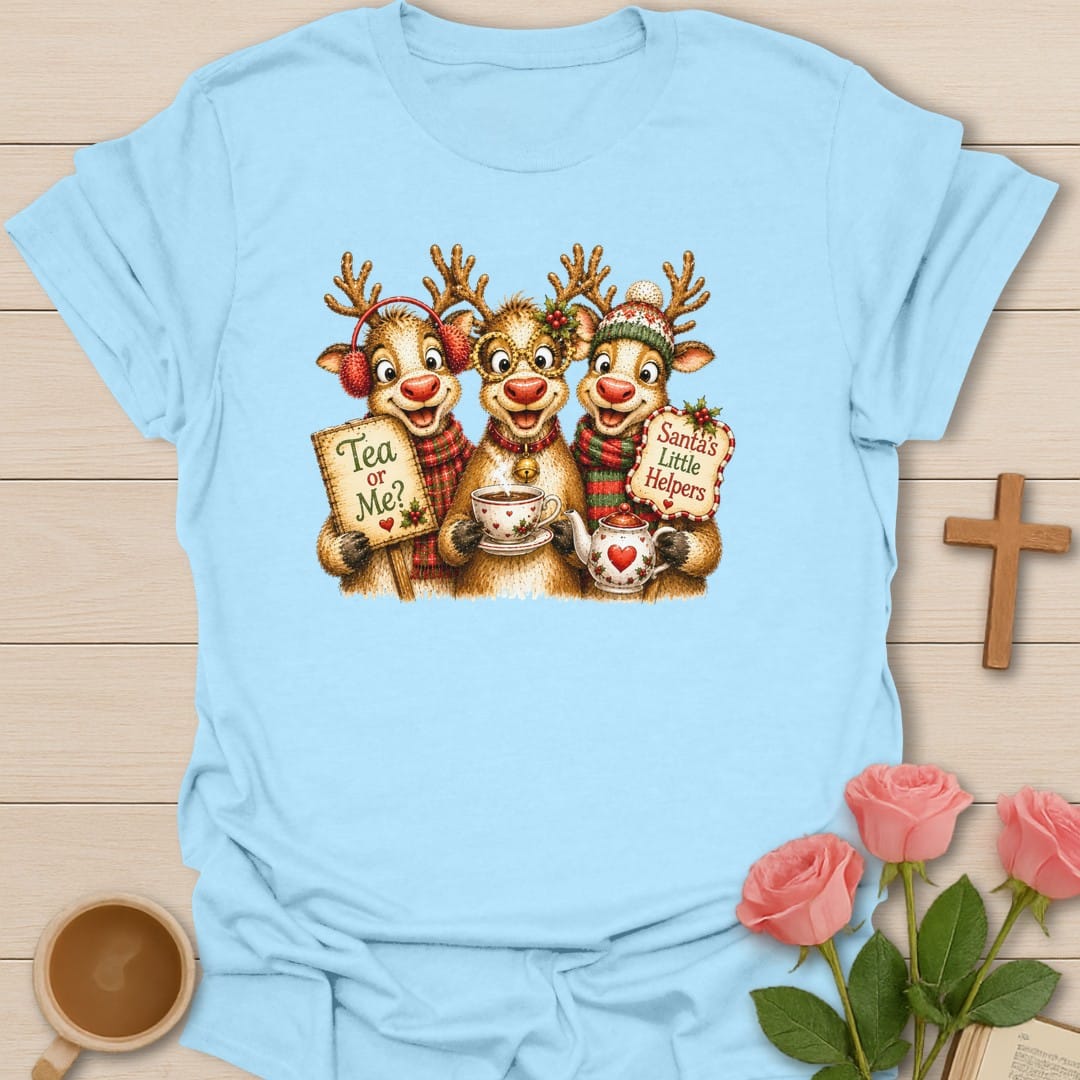 Santa's Little Helpers t-shirt with playful Christmas artwork and faith-inspired design - Light Blue