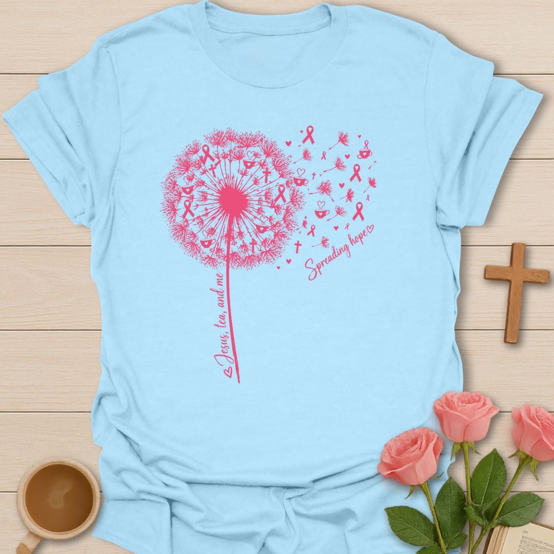 Spreading Hope t-shirt with hopeful lettering and tea cup faith design - Light Blue