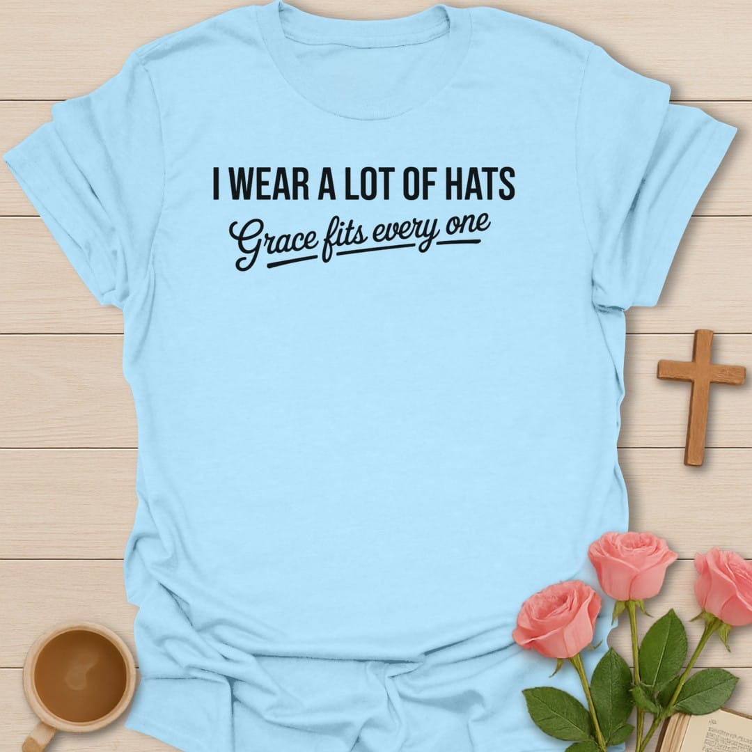 Many Hats Grace t-shirt with layered lettering and grace-themed faith design - Light Blue