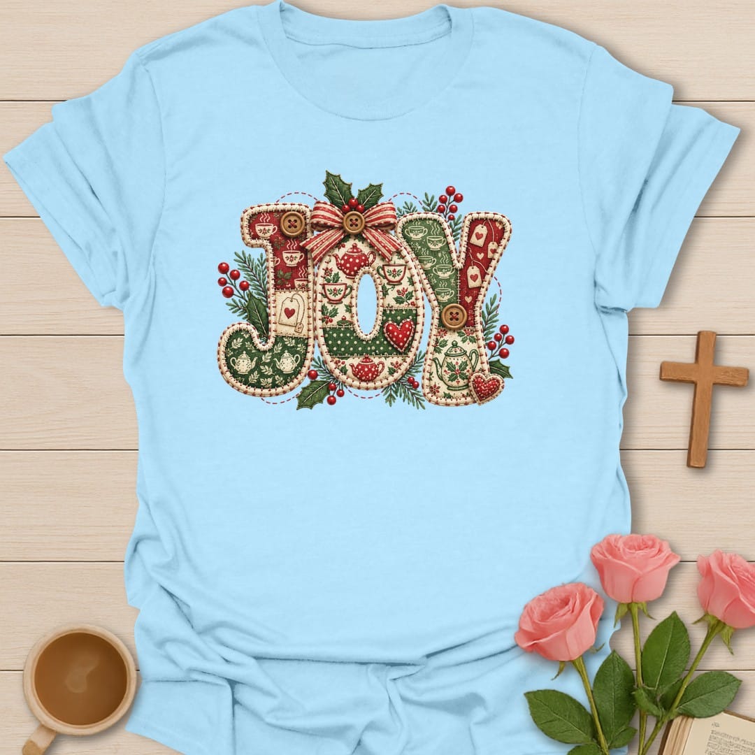 Joy Stitched t-shirt with playful joy lettering and faith-inspired design - Light Blue