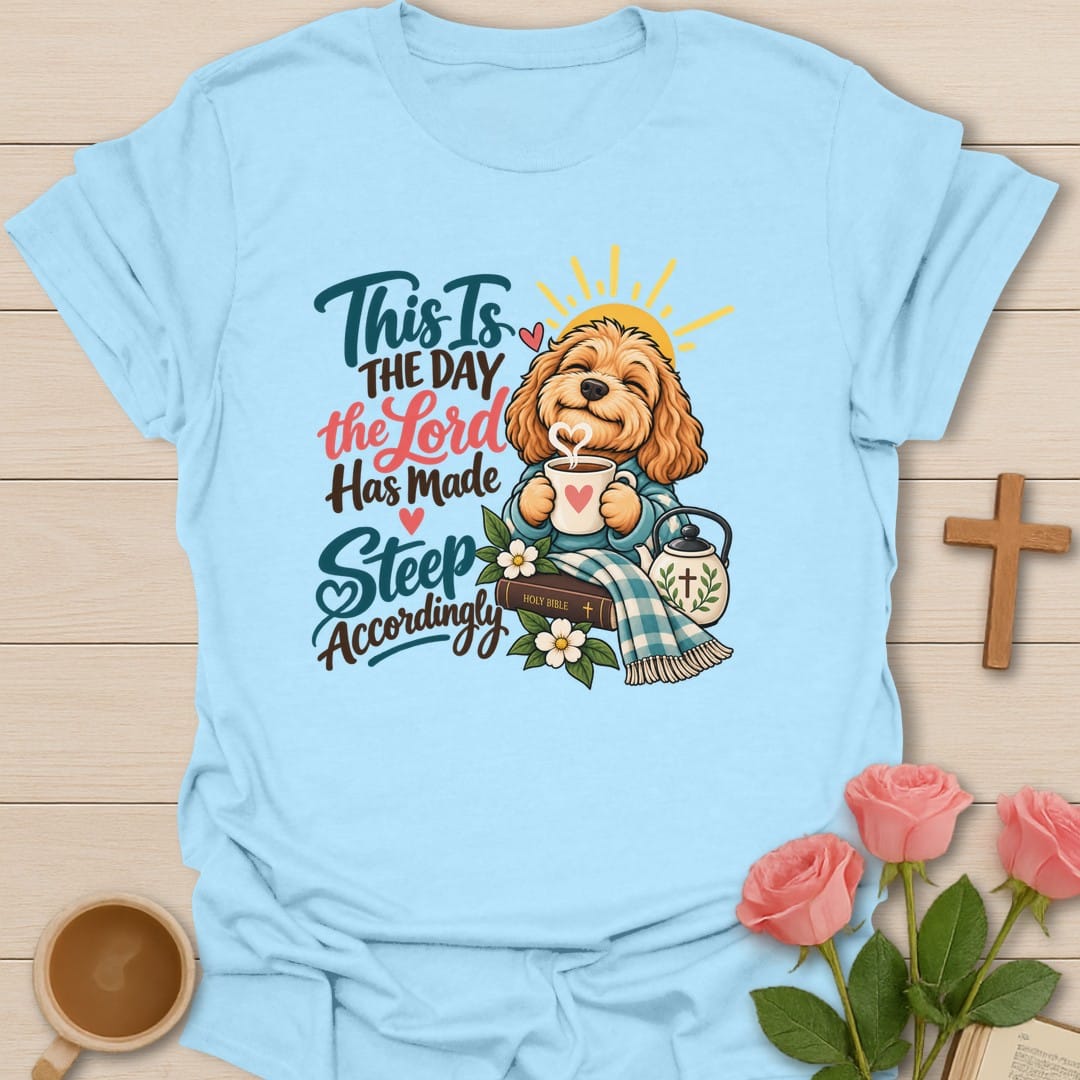 Steep Accordingly t-shirt with a dog and tea cup faith design - Light Blue