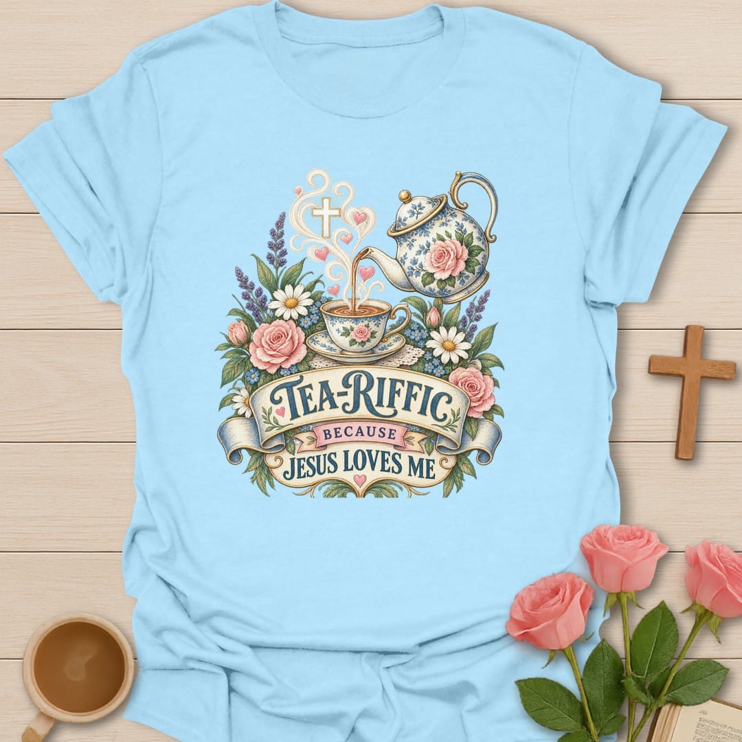 Tea-Riffic t-shirt with playful tea pun lettering and cheerful design - Light Blue