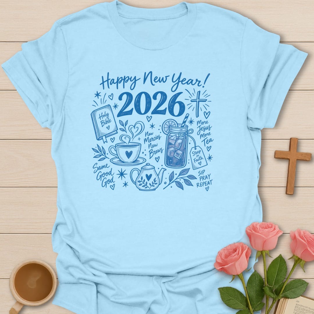 Holy Bible 2026 t-shirt with new year lettering and faith-inspired design - Light Blue