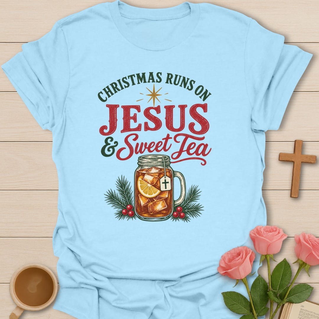 Sweet Tea Christmas t-shirt with cozy holiday lettering and faith-inspired design - Light Blue