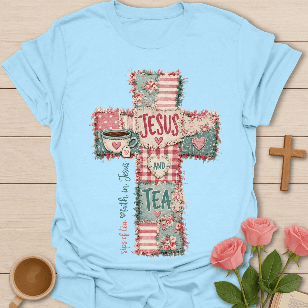 Jesus & Tea Cross Faux Patchwork T-Shirt T-Shirt