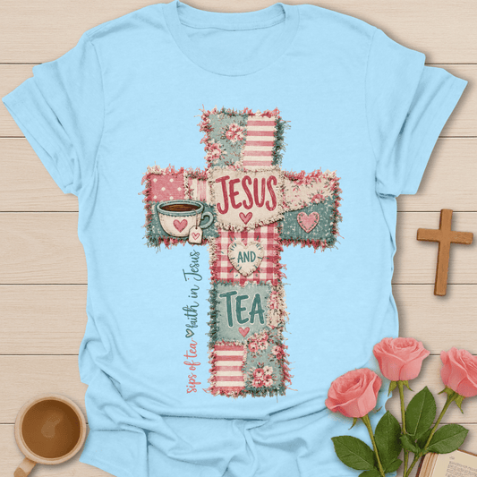 Jesus & Tea Cross Faux Patchwork T-Shirt T-Shirt