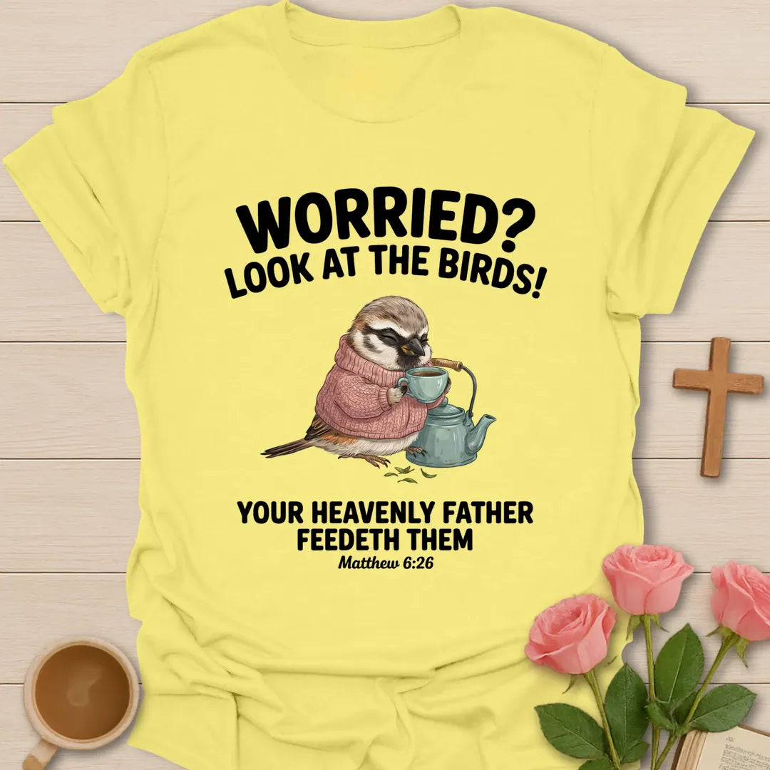 Look At The Birds Christian t-shirt with faith-inspired tea lettering design - Cornsilk