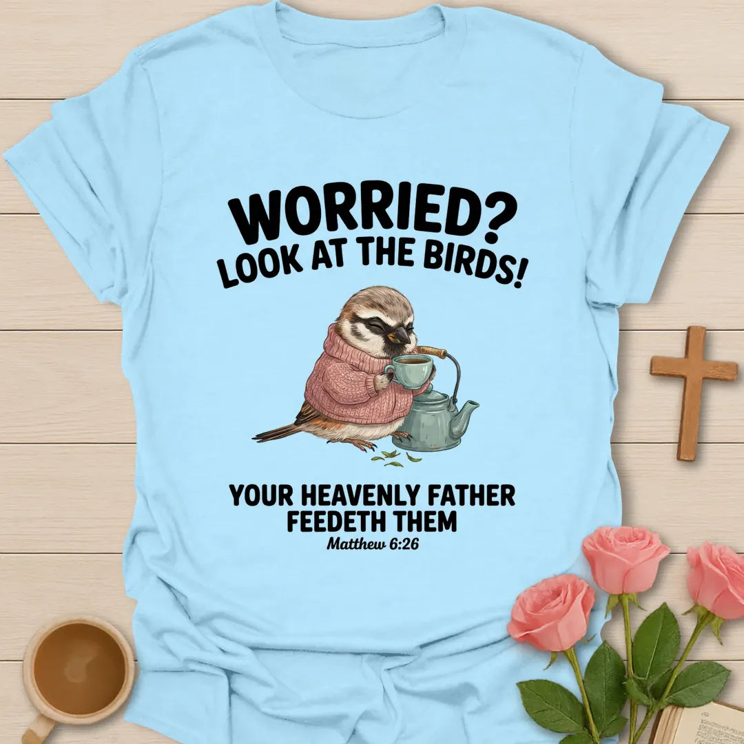 Look At The Birds Christian t-shirt with faith-inspired tea lettering design - Light Blue