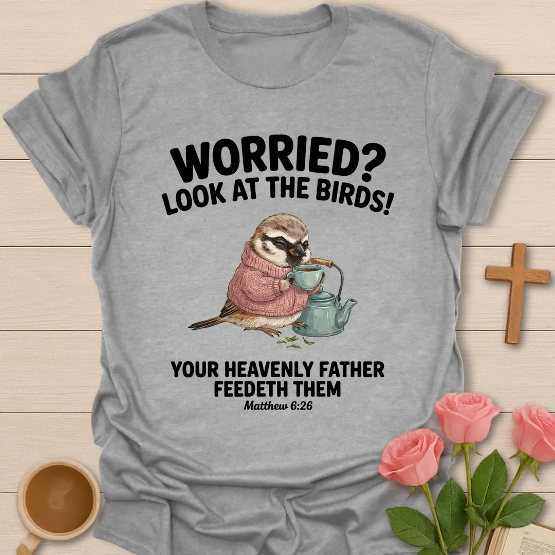 Look At The Birds Christian t-shirt with faith-inspired tea lettering design - Sport Grey