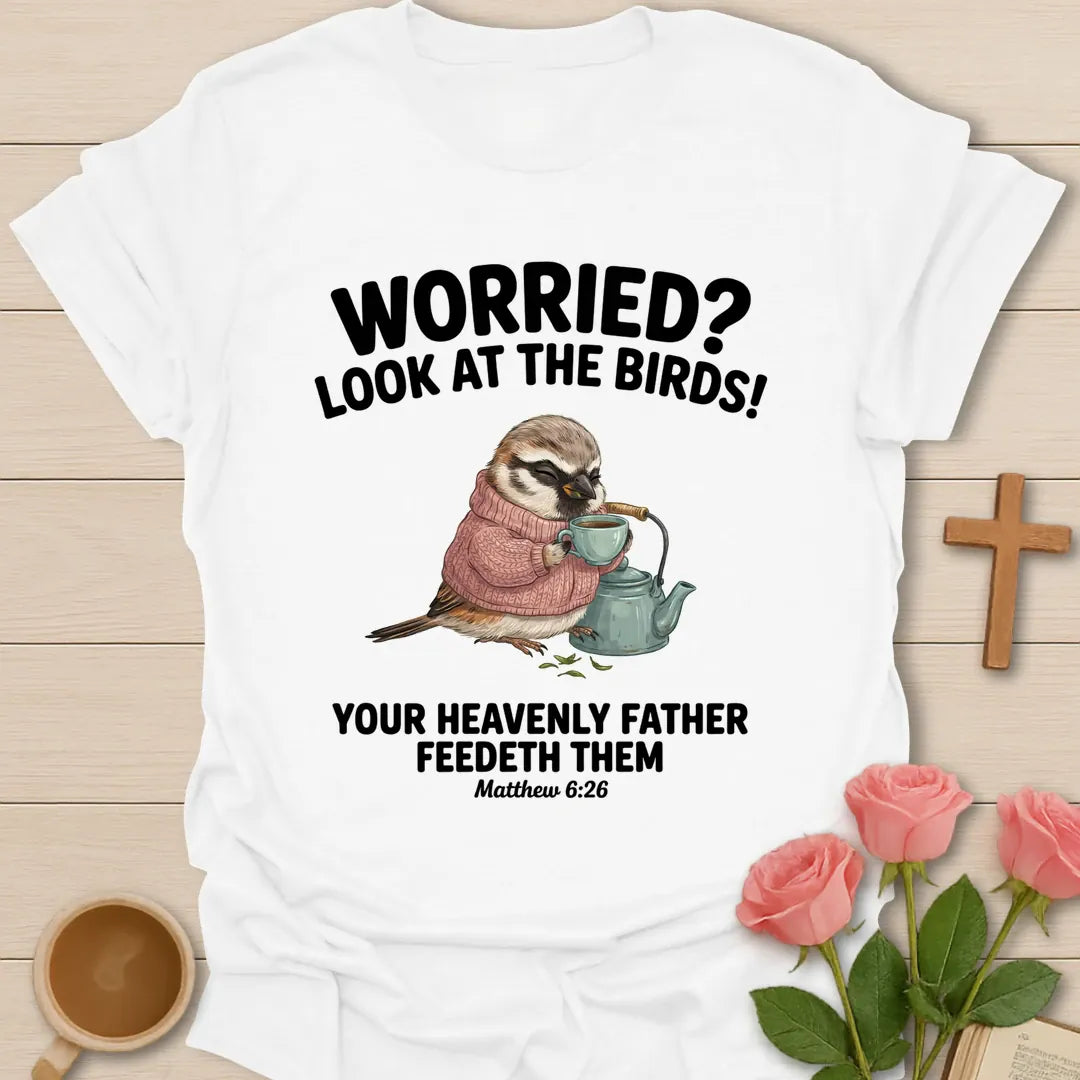 Look At The Birds Christian t-shirt with faith-inspired tea lettering design - White