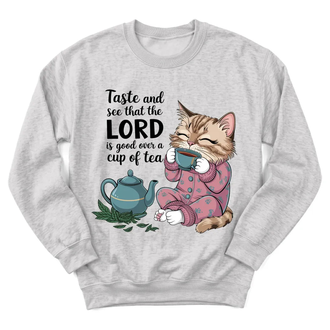 The Lord Gives Good Tea sweatshirt with cozy teapot and faith lettering - Ash