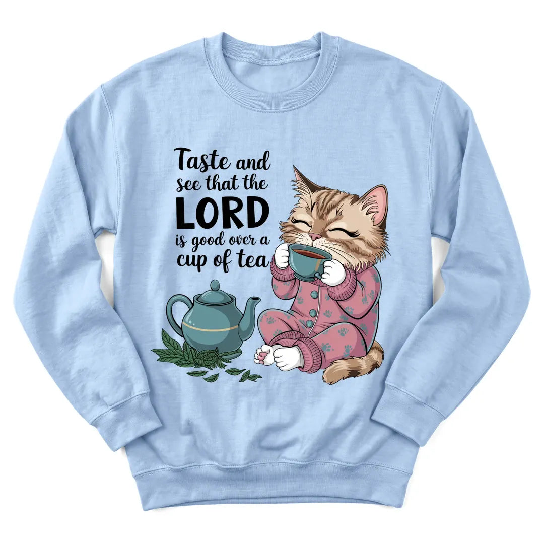 The Lord Gives Good Tea sweatshirt with cozy teapot and faith lettering - Light Blue