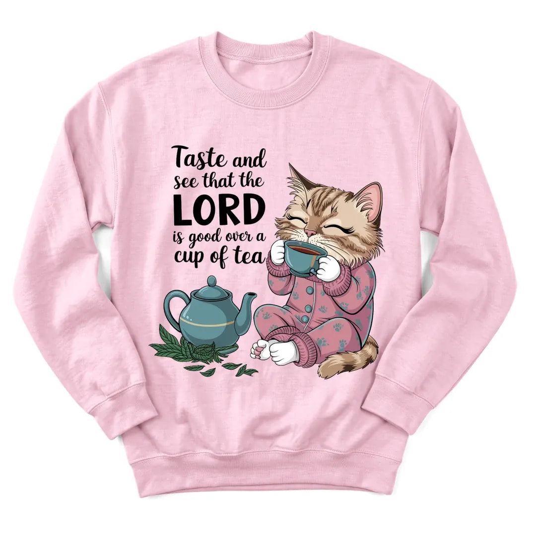 The Lord Gives Good Tea sweatshirt with cozy teapot and faith lettering - Light Pink
