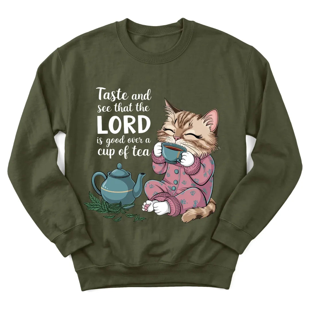 The Lord Gives Good Tea sweatshirt with cozy teapot and faith lettering - Military Green