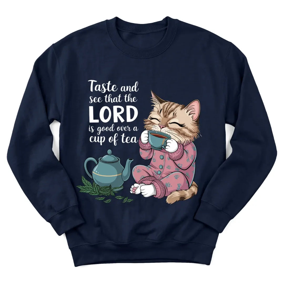 The Lord Gives Good Tea sweatshirt with cozy teapot and faith lettering - Navy