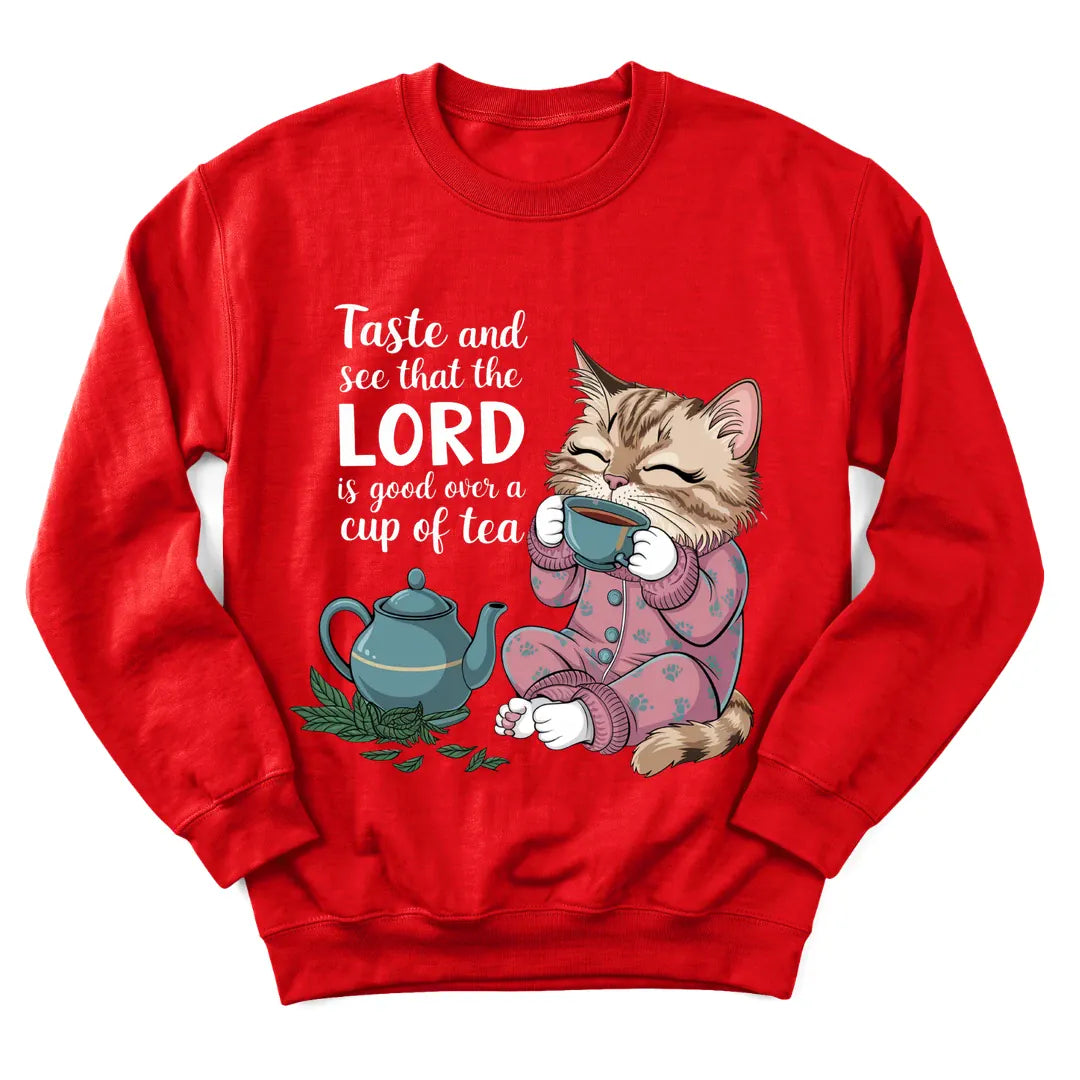 The Lord Gives Good Tea sweatshirt with cozy teapot and faith lettering - Red