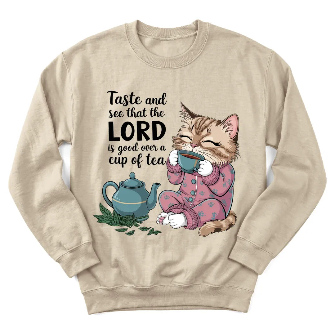 The Lord Gives Good Tea sweatshirt with cozy teapot and faith lettering - Sand