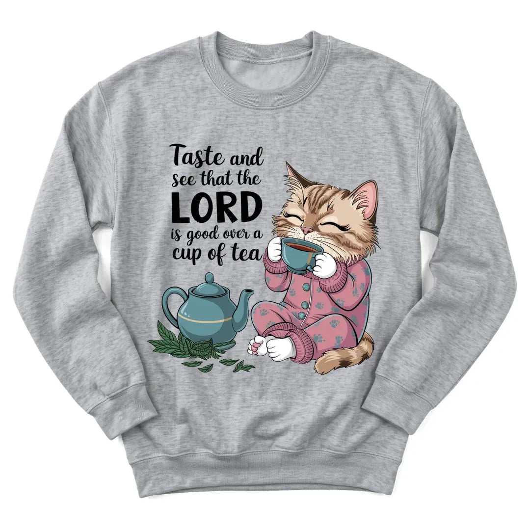 The Lord Gives Good Tea sweatshirt with cozy teapot and faith lettering - Sport Grey