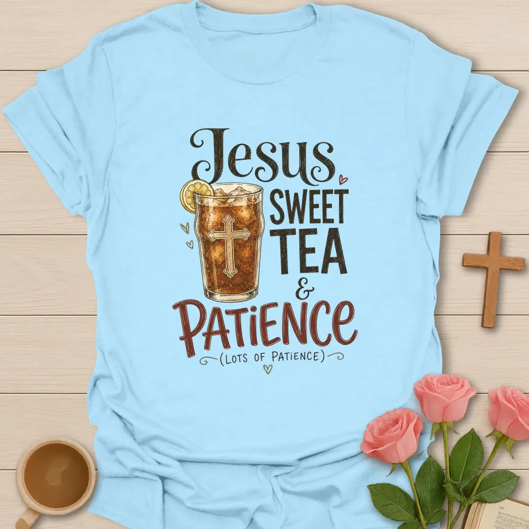 Jesus Sweet Tea and Patience shirt with mason jar iced tea, sun, straw, and cream vintage lettering. - Light Blue