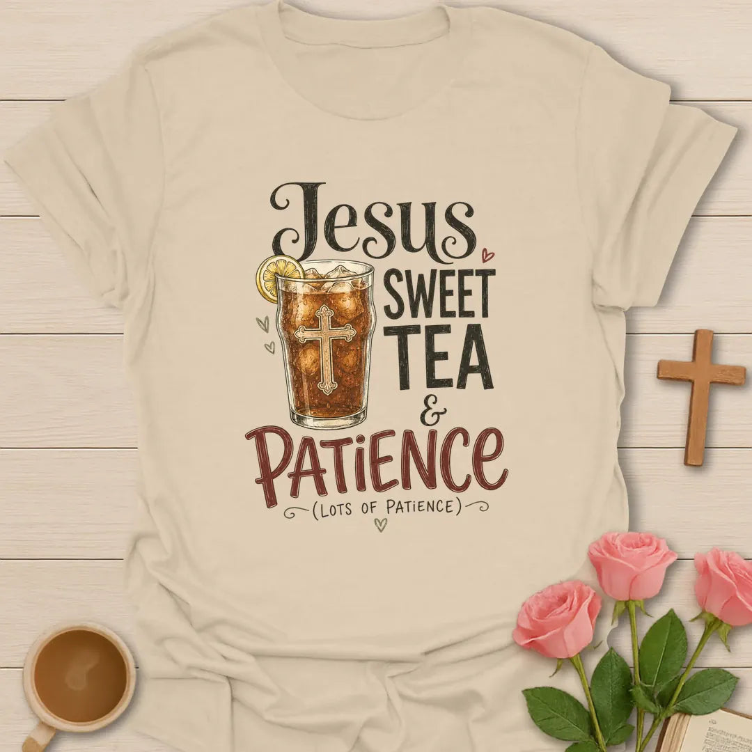 Jesus Sweet Tea and Patience shirt with mason jar iced tea, sun, straw, and cream vintage lettering. - Sand