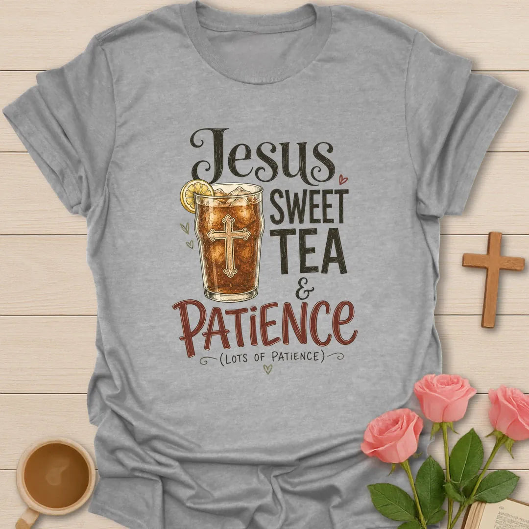 Jesus Sweet Tea and Patience shirt with mason jar iced tea, sun, straw, and cream vintage lettering. - Sport Grey