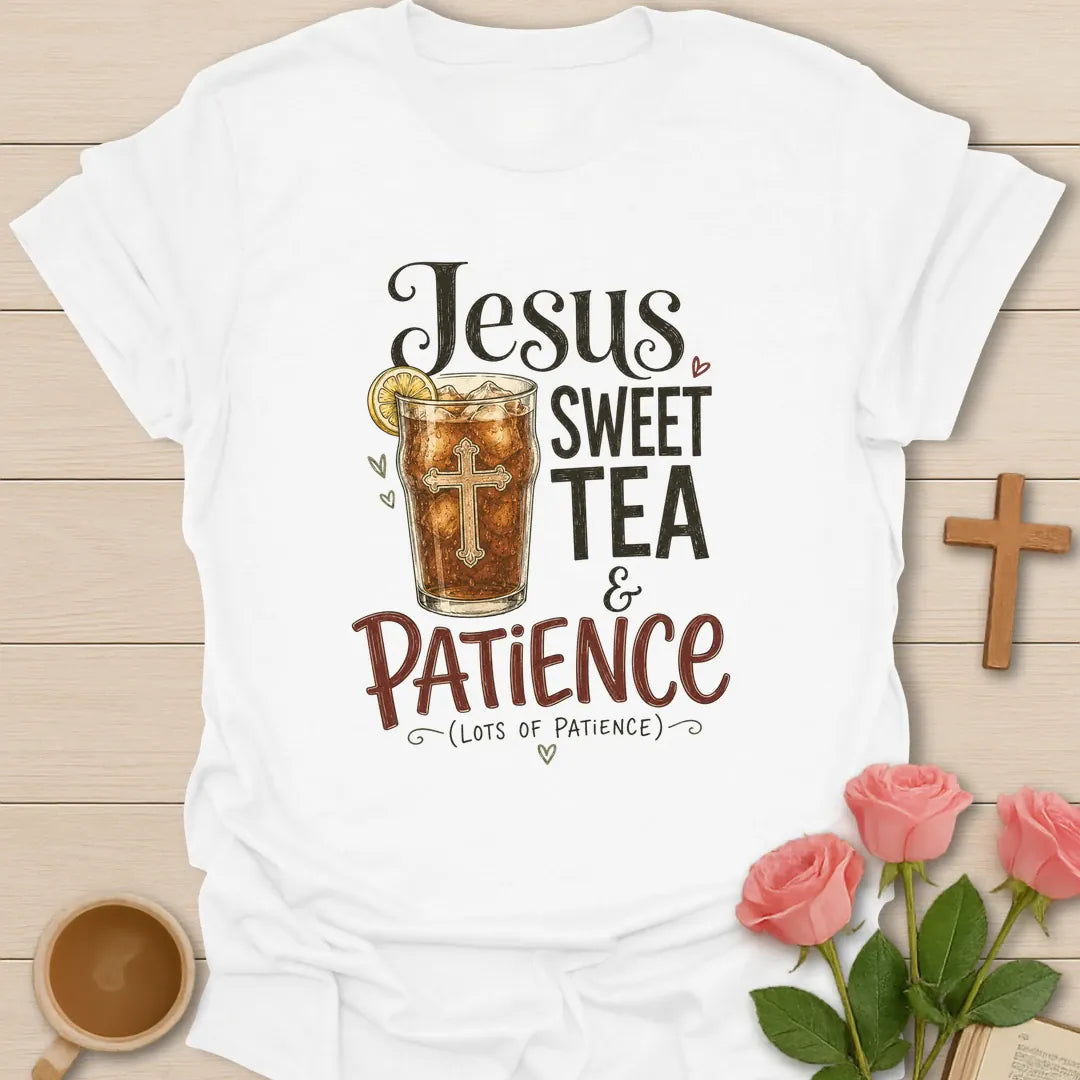 Jesus Sweet Tea and Patience shirt with mason jar iced tea, sun, straw, and cream vintage lettering. - White