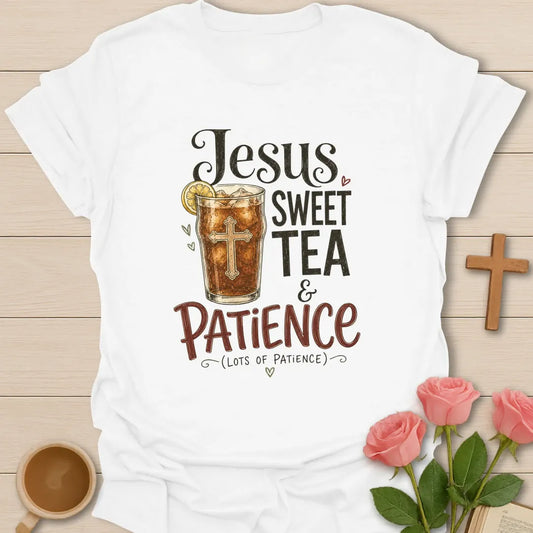 Jesus Sweet Tea and Patience shirt with mason jar iced tea, sun, straw, and cream vintage lettering. - White
