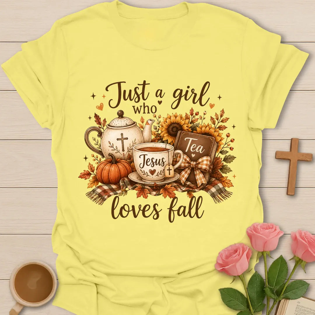 Love Jesus Tea and Fall shirt with cozy autumn faith and tea lettering - Cornsilk