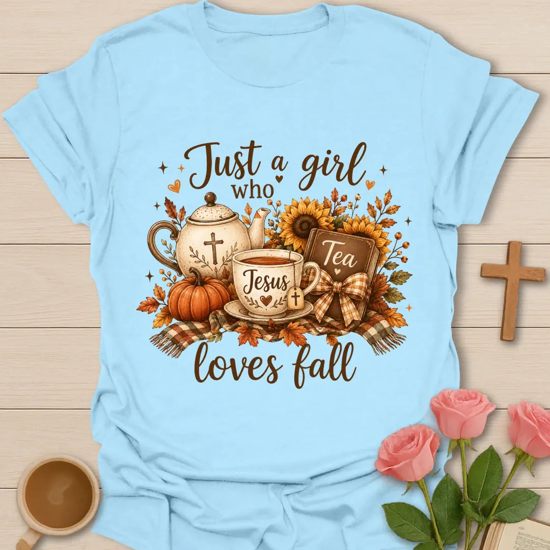 Love Jesus Tea and Fall shirt with cozy autumn faith and tea lettering - Light Blue
