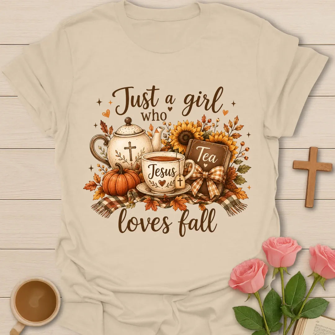 Love Jesus Tea and Fall shirt with cozy autumn faith and tea lettering - Sand