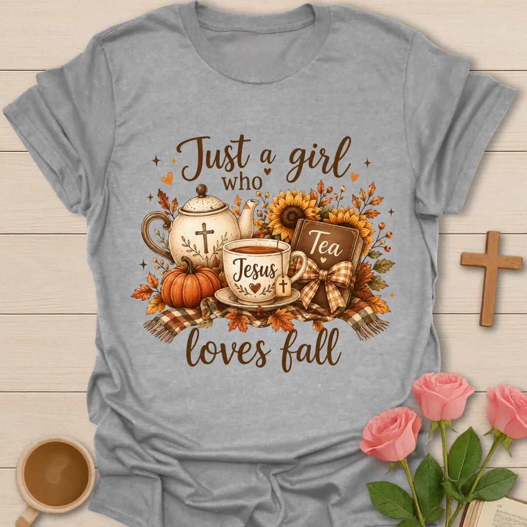 Love Jesus Tea and Fall shirt with cozy autumn faith and tea lettering - Sport Grey