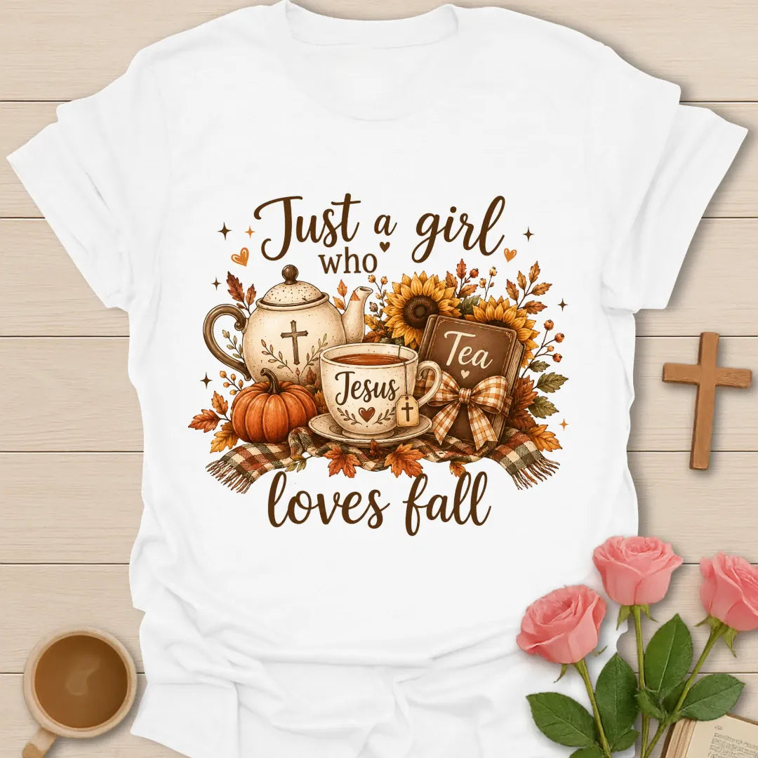 Love Jesus Tea and Fall shirt with cozy autumn faith and tea lettering - White