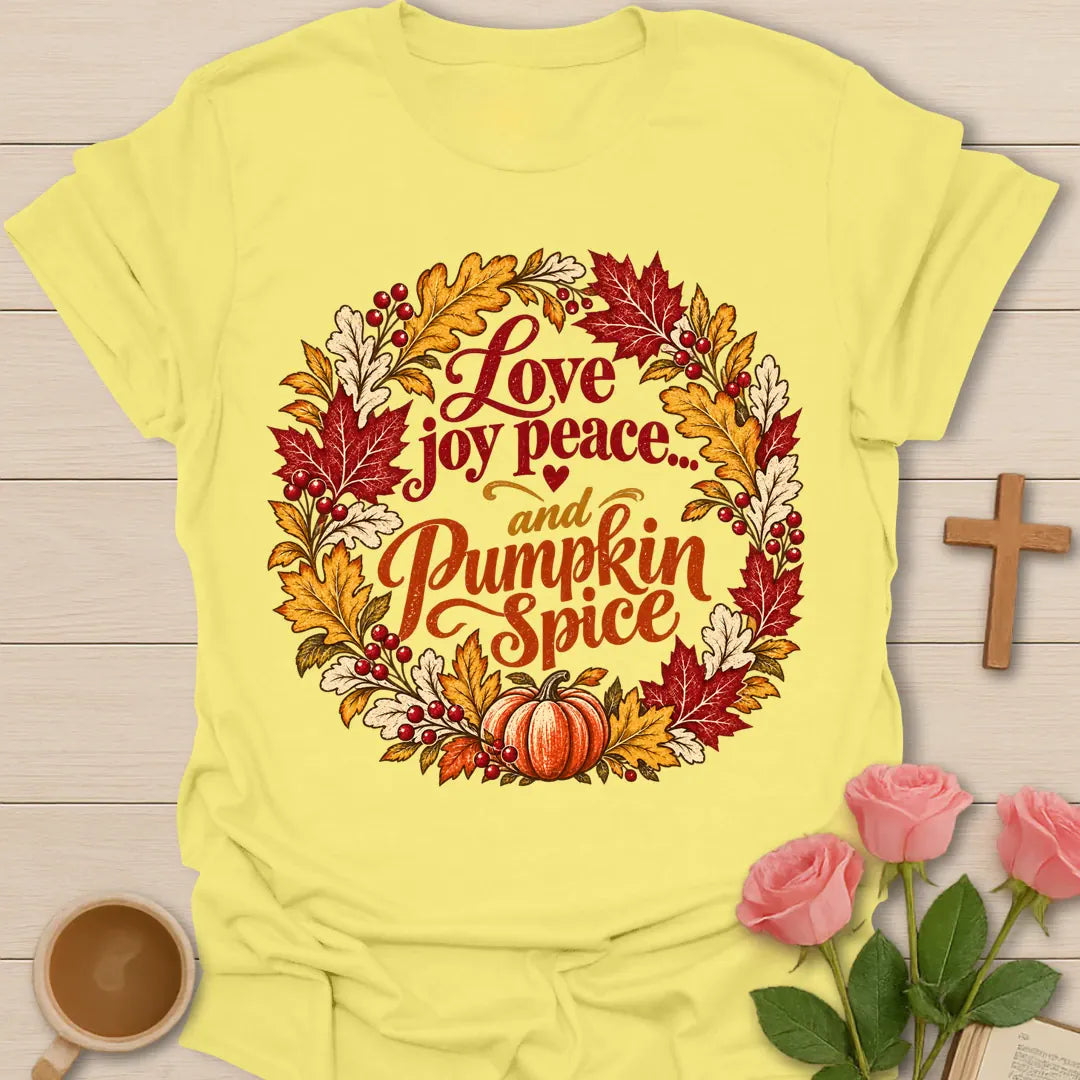 Love Joy Peace And Pumpkin Spice Christian fall t-shirt with a wreath of red and orange autumn leaves and a small pumpkin - Cornsilk