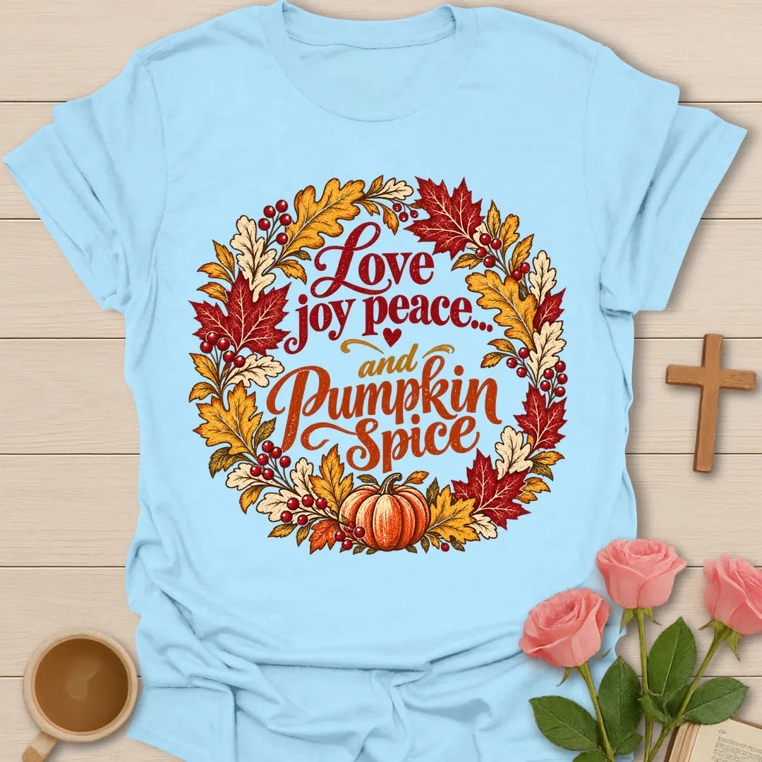 Love Joy Peace And Pumpkin Spice Christian fall t-shirt with a wreath of red and orange autumn leaves and a small pumpkin - Light Blue