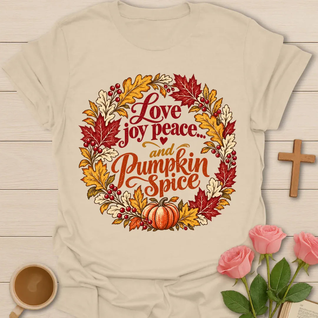 Love Joy Peace And Pumpkin Spice Christian fall t-shirt with a wreath of red and orange autumn leaves and a small pumpkin - Sand
