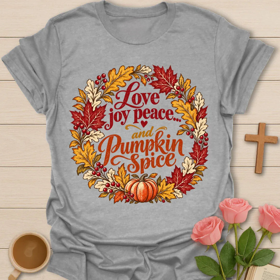 Love Joy Peace And Pumpkin Spice Christian fall t-shirt with a wreath of red and orange autumn leaves and a small pumpkin - Sport Grey