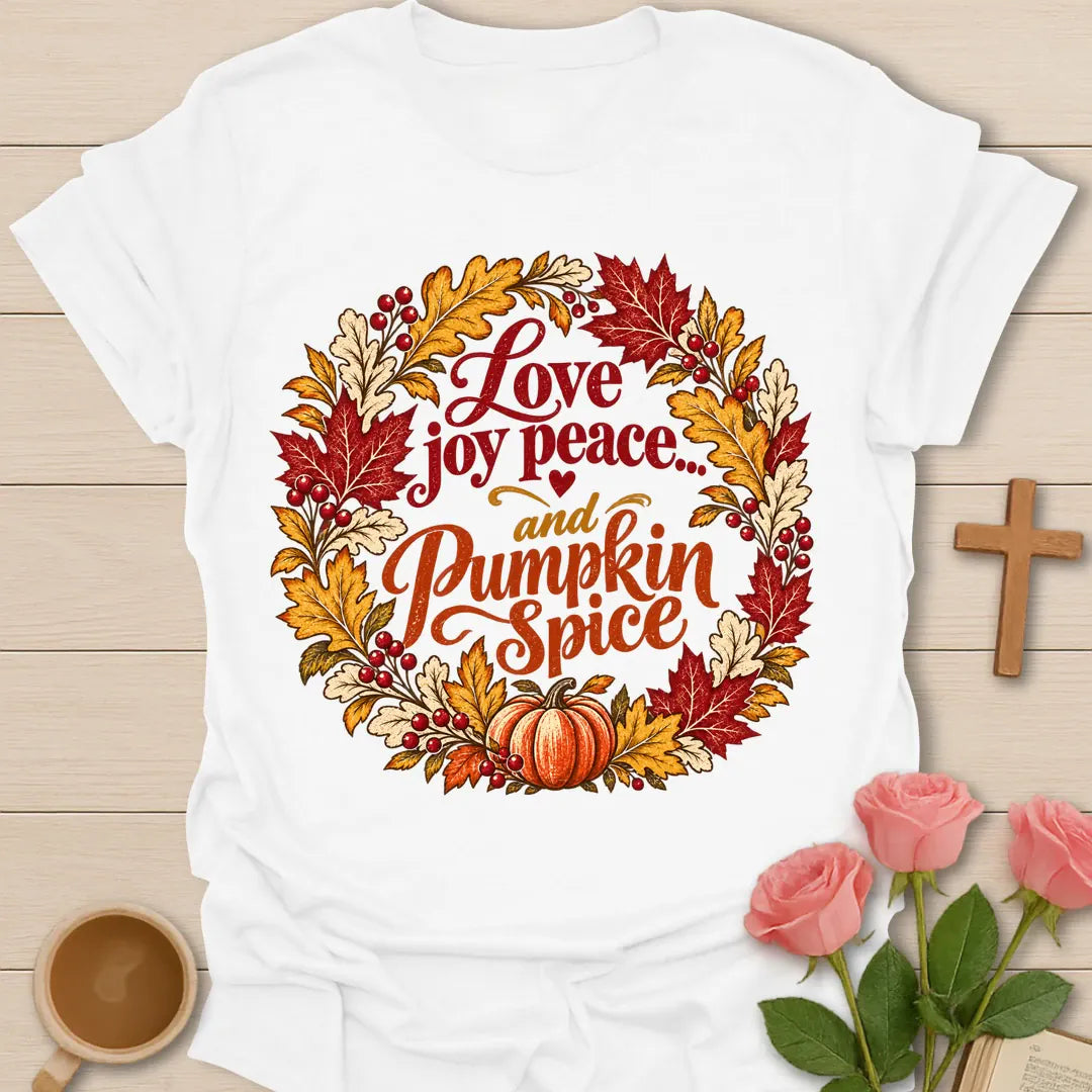Love Joy Peace And Pumpkin Spice Christian fall t-shirt with a wreath of red and orange autumn leaves and a small pumpkin - White