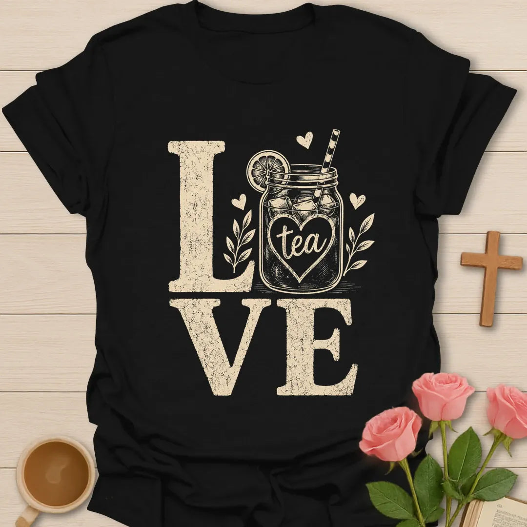 Love Sweet Tea shirt with mason jar iced tea, lemon slice, straw, hearts, leaves, and distressed cream lettering. - Black