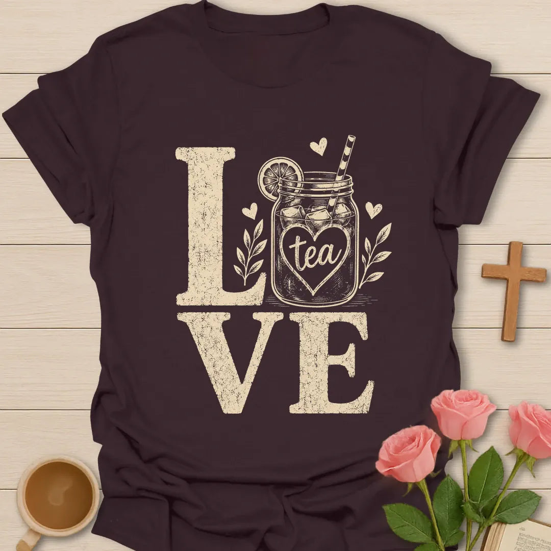 Love Sweet Tea shirt with mason jar iced tea, lemon slice, straw, hearts, leaves, and distressed cream lettering. - Dark Chocolate