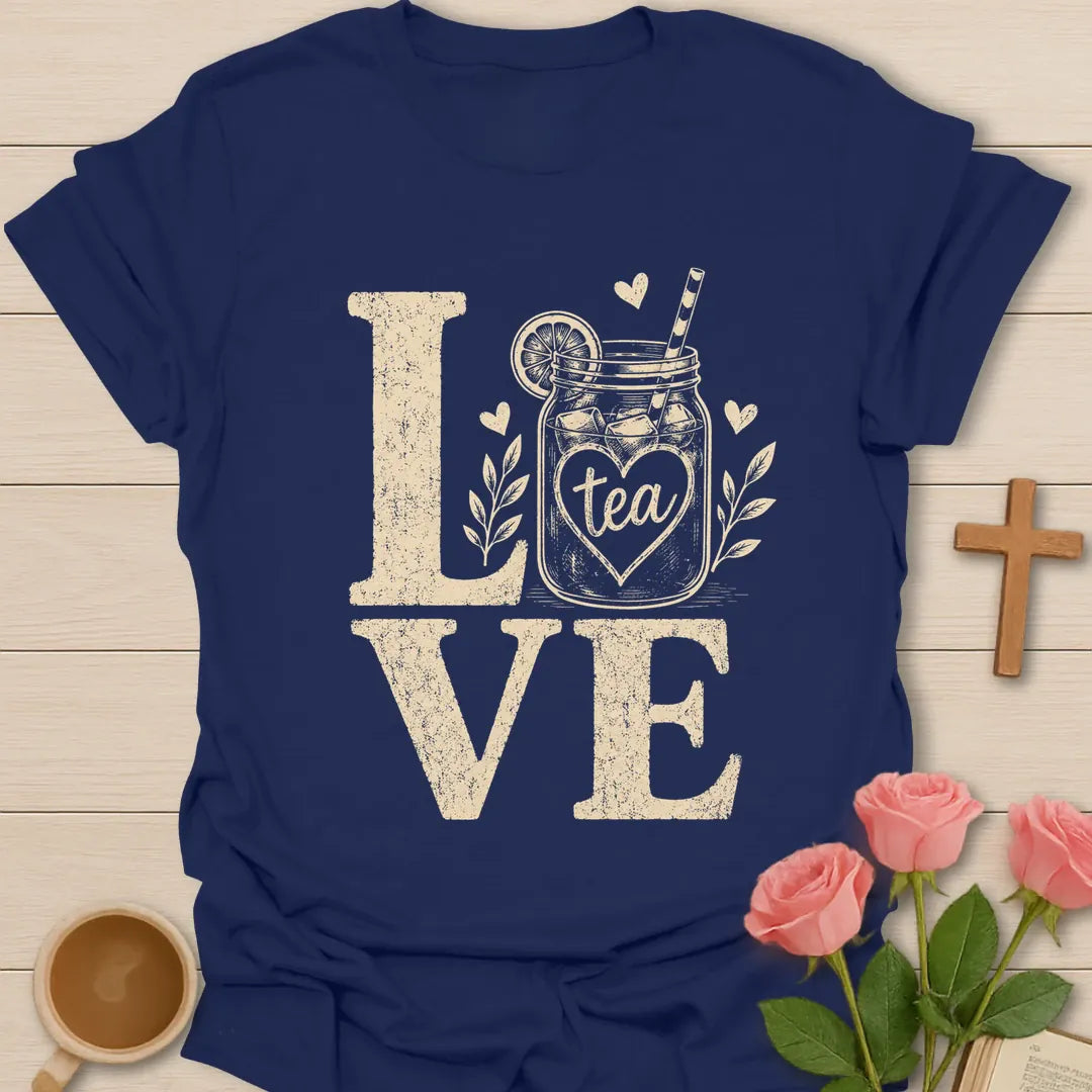 Love Sweet Tea shirt with mason jar iced tea, lemon slice, straw, hearts, leaves, and distressed cream lettering. - Navy
