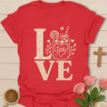 Love Sweet Tea shirt with mason jar iced tea, lemon slice, straw, hearts, leaves, and distressed cream lettering. - Red