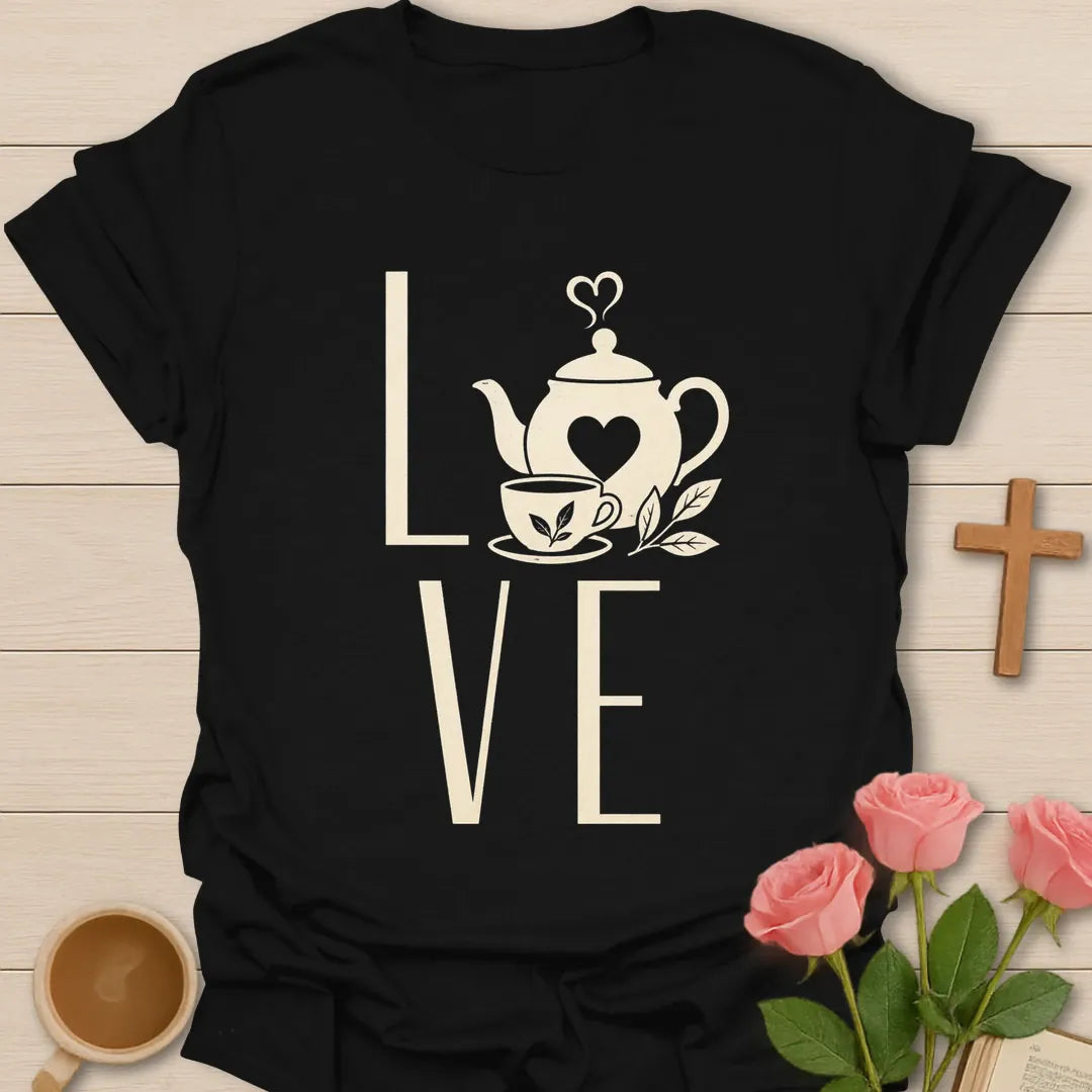 Love Tea shirt with teapot, teacup, heart, leaves, and large cream LOVE lettering. - Black